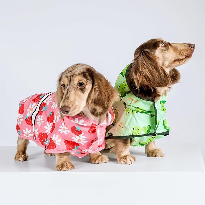 Fitwarm Strawberry Daisy Dog Raincoat with Hood, Waterproof Rain Jacket for Small Dogs Girl, Reflective Pet Poncho with Harness Opening, Packable, Adjustable, Pink, XXL