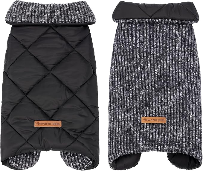 Fitwarm Reversible Quilted Dog Coat, Knitted Winter Clothes for Small Dogs Boy Girl, Windproof Thermal Pet Jacket, Black, Grey, Large