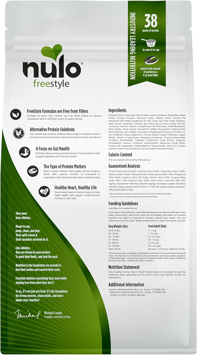 Nulo FreeStyle Senior Dry Dog Food - Trout & Sweet Potato, High Protein Grain Free Dog Food, Kibble with Probiotics, Glucosamine, Chondroitin, Hip and Joint Support, Small, Medium, Large Breeds, 6lb