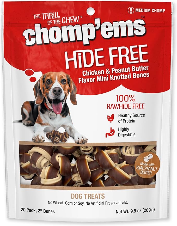 CHOMP 'EMS Chicken & Peanut Butter Hide Free Dog Chews - Rawhide Free Dog Treats - No Hide Alternative Chew Treat for All Life Stages, Bones, 2", 20 Count