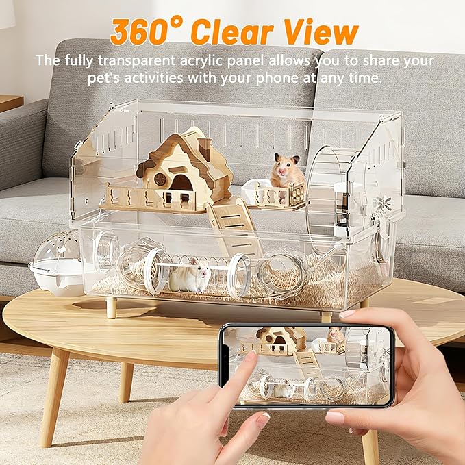 9-in-1 Acrylic Hamster Cage - Clear Pet Cage with 360° Transparent Viewing, Double Layer Chew-Proof Mice Enclosure with Crawling tunnel for Dwarf Syrian Gerbils, 18*13*12in (Wooden Cottage)