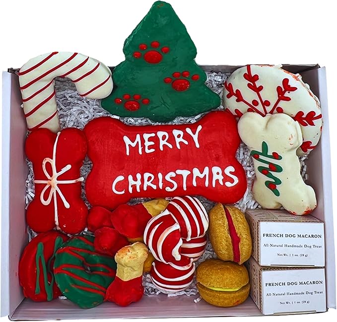 Bonne et Filou Christmas Dog Treats, Luxury Gourmet Gift Box, 18 Hand Designed Macarons, Truffles & Bone Cookies, Perfect Holiday Snack for Medium to Large Dogs