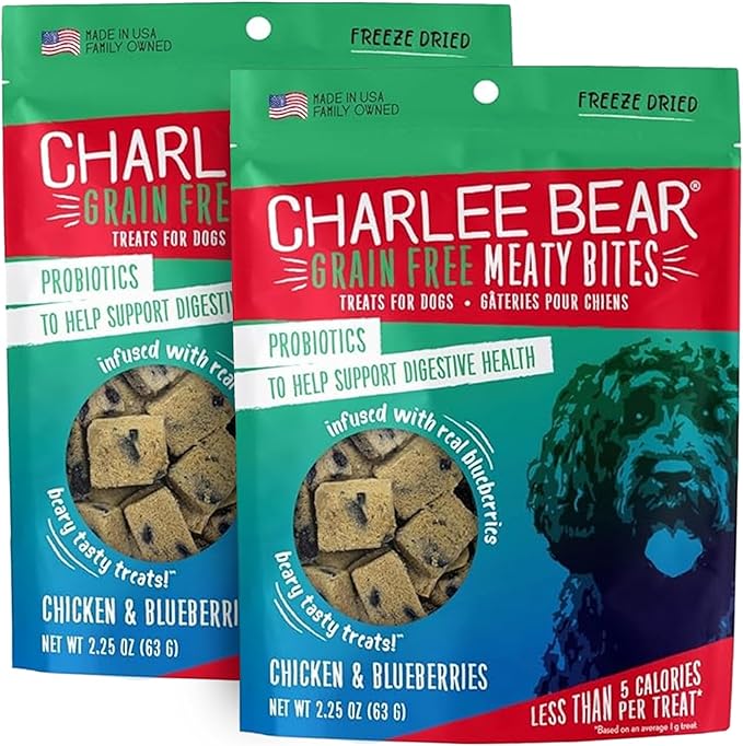 Charlee Bear Grain Free Meaty Bites Freeze Dried Dog Treats with Probiotics, Puppy Training Snacks, Soft Dog Bites Chicken with Blueberries, 2.25 oz Bags (2), Made USA