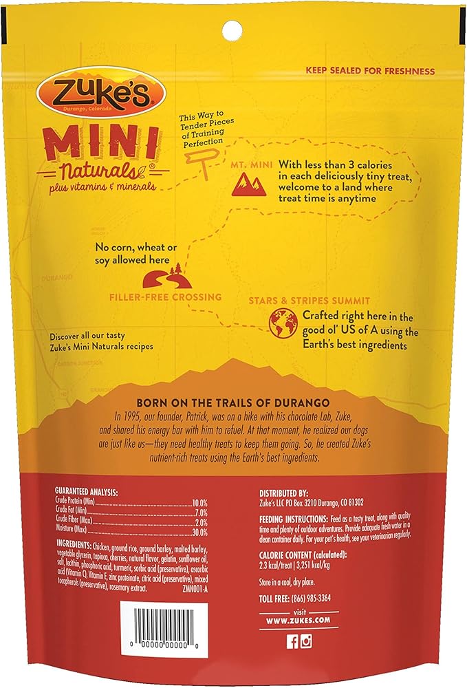 Zuke's Mini Naturals Tender Mini Bites Training Dog Treat Variety Pack, 1 Chicken Recipe, 1 Peanut Butter & Oats Recipe, 16-Ounce Resealable Pouch (2 CT)