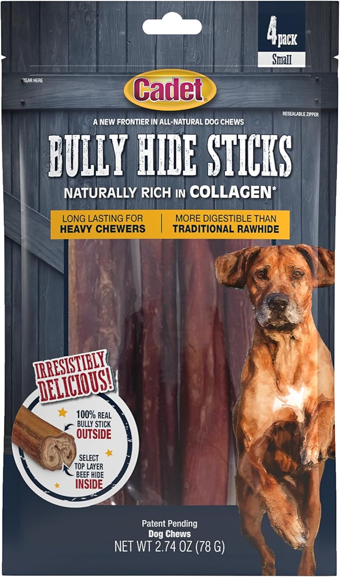 Cadet Bully Hide Sticks for Small Dogs, All-Natural Beef Pizzle, Limited-Ingredient Long-Lasting Dog Chews for Aggressive Chewers, 4 Count