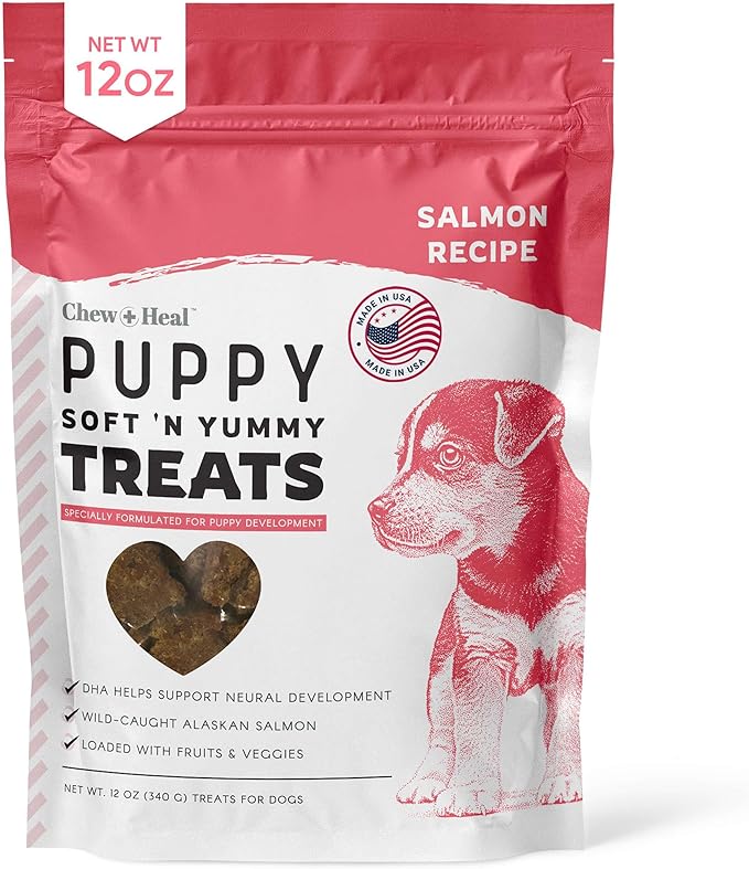 Chew + Heal Labs Dog Salmon Jerky for Puppies - 12 oz of Wild Caught Alaskan Salmon Jerky for Puppy Development with Chickpeas, Carrots, Sweet Potato, and Fruit - Made in The USA