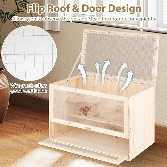 PETSITE Hamster Cage Chewproof, Wooden Hamster Habitat Playpen with Mesh Flip Roof, Multiple Ladder Areas, Ramp Design, Acrylic Panel, and Lockable Door, 23.5 x 14 x 16.5 Inches (L x W x H)