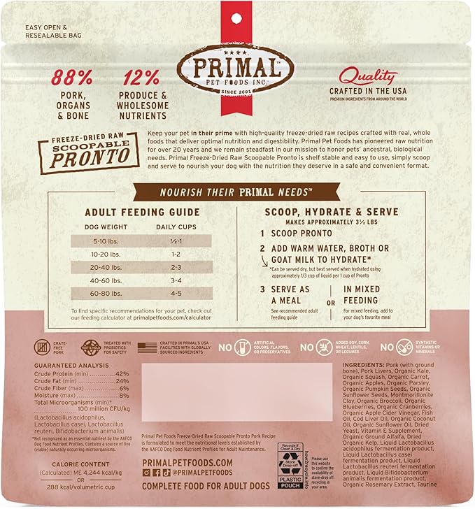 Primal Freeze Dried Dog Food, Pronto Mini Nuggets, Pork; Scoop & Serve, Complete & Balanced Meal; Also Use As Topper or Treat; Premium, Healthy, Grain Free, High Protein Raw Dog Food 25 oz (Pack of 2)