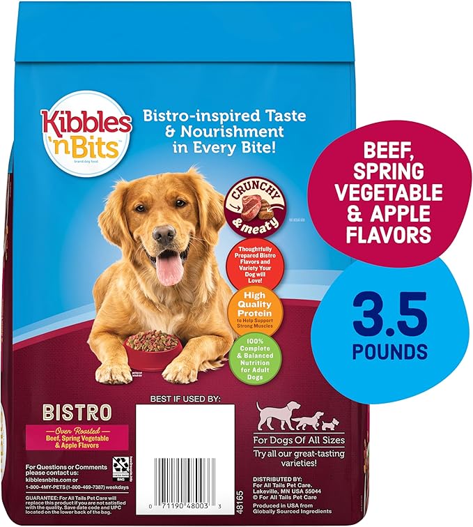 Kibbles 'n Bits Bistro Dry Dog Food, Oven Roasted Beef, Spring Vegetable & Apple Flavors for Adult Dogs, 3.5 lb. Bag, 4 Count