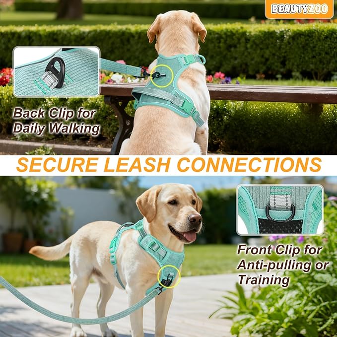 BEAUTYZOO No Pull Dog Harness, Adjustable Dog Harness and Leash Set -Easy Wearing with 3 Buckles/Control Handle,No Choke Soft Padded Reflective Pet Vest for Training Walking Hiking,Solid Aqua Blue M