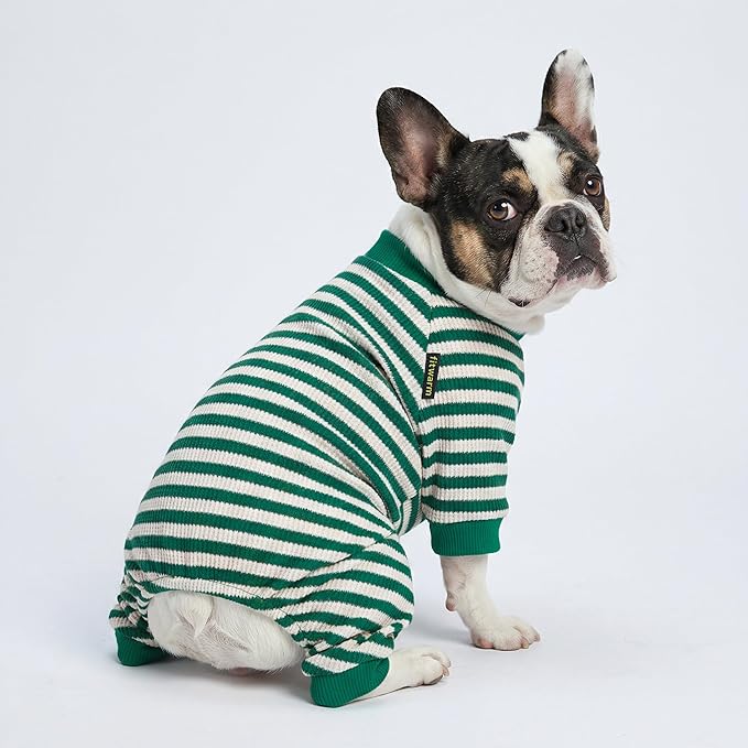 Fitwarm Green and White Striped Dog Pajamas, Waffle Dog Clothes for Small Dogs Girl Boy, Puppy Onesie with Feet, Pet Cat Outfit, Medium
