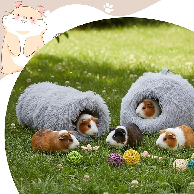 2 Pack Guinea Pig Hideout Bed with Tunnel, Large Soft Plush Cozy House, Washable Hideaway for Guinea Pigs and Small Animals(Style 1)