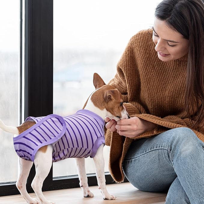 Dog Recovery Suit, Surgical Recovery Suit for Male Female Dogs Cats Spayed Onesie After Surgery, Dog Post Surgery Suit Anti Licking & Biting Surgical Shirt with Pee Hole，Purple Small