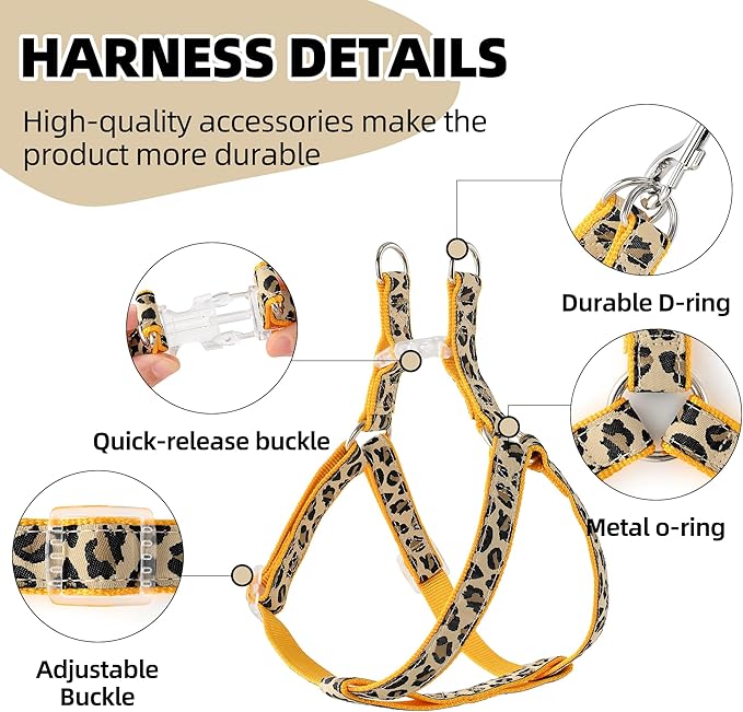 Mile High Life Leopard Dog Harness Collar Leash Set, Adjustable No Pull Dog Halter Harness for Small Breed Dogs, Easy Control for Training Walking (Yellow, M Chest 15"-21", Neck 13"-17")