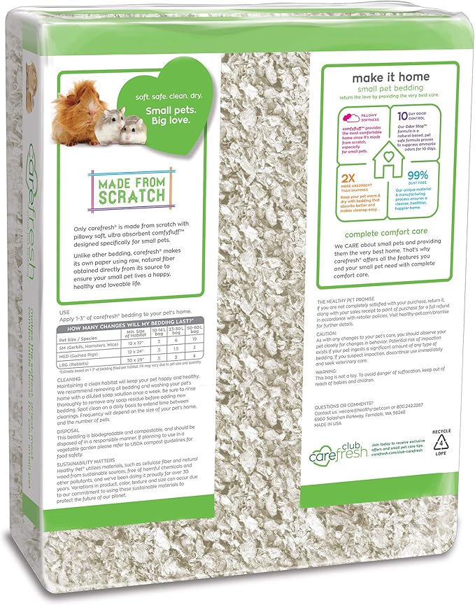 Carefresh 99% Dust-Free White Natural Paper Small Pet Bedding with Superior 10 Day Odor Control & Absorption, for Guinea Pigs, Hamsters, Rabbits, & Rats, 50 L