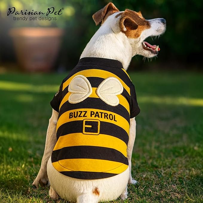 Parisian Pet Dog Buzz Patrol Bee Shirt - Embroidered Pet Vest - 100% Cotton & Polyester Doggy Shirt - Lightweight Pet Clothes - Sleeved Puppy Costume - Funny Shirts for Small Dogs - M