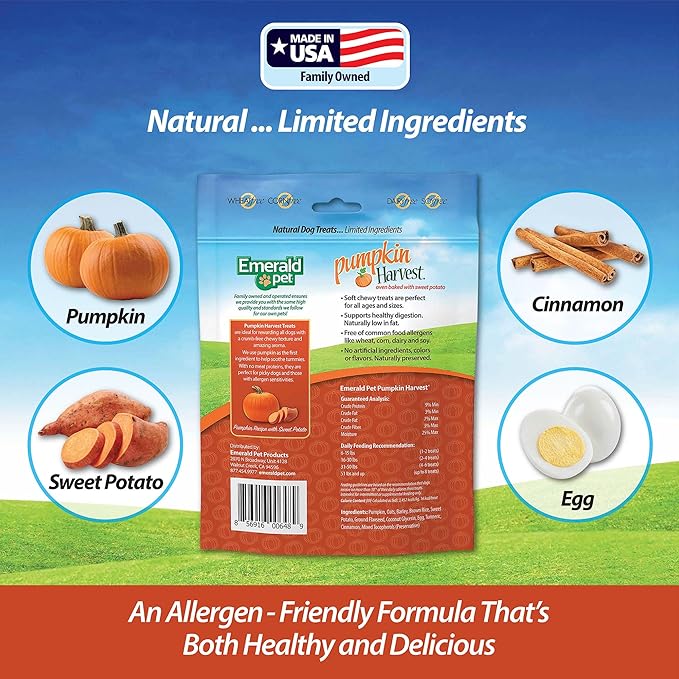 Emerald Pet Pumpkin Harvest Dog Treats - Low-Fat Chewy Natural Dog Treats with Pumpkin for Digestive Health - Meat Free, Wheat Free - Sweet Potato, 6 oz