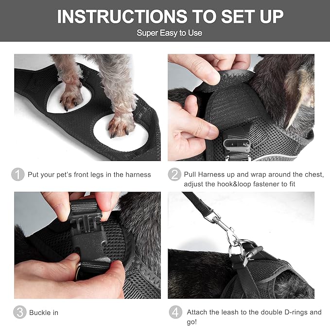 Fida Comfy Dog Harness with Leash, Soft Puppy Vest Escape Proof, Breathable Lightweight Soft Mesh, Adjustable Reflective Step-in Harness for Cat & Extra-Small Pet (XS, Black)