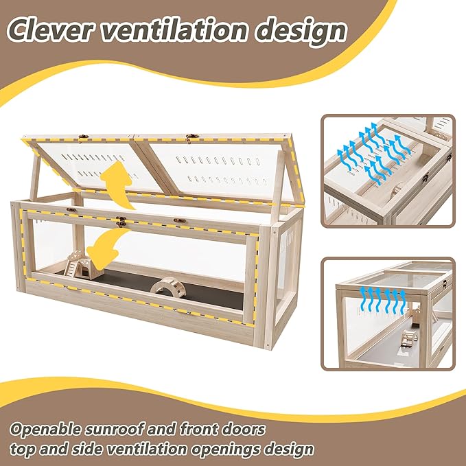 Wooden Hamster Cage with Small House and Bridge, Small Animal Habitat with Lockable Design, Openable Top and Front Doors for Gerbil, Guinea Pig, Rat, 38" L x 16" W x 16" H, Natural Wood Color