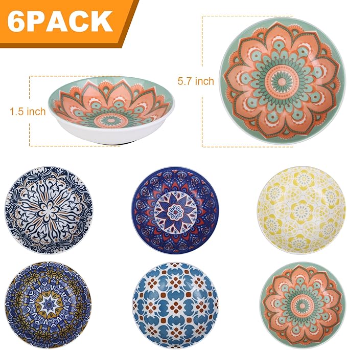Ceramic Cat Food Bowls,6 Pack Colorful Cat Bowls Set,Anti-Slip Cats Dishes,Whisker Friendly Wide Pet Bowls for Indoor,5.75 inch Cute Kitten Plates for Wet and Dry Food Water