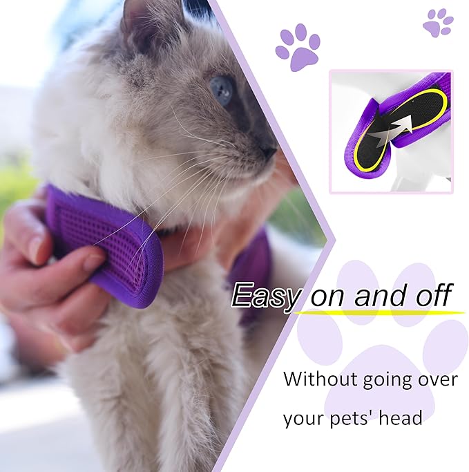 Cat Harness and Leash for Walking Escape Proof Breathable Mesh Fabric, Purple, Large, Adjustable Cat Walking Jackets with Handle, Padded Stylish Cat Vest