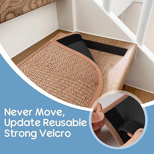 GOYLSER Peel and Sticker Jute Stair Treads Non Slip for Wooden Steps Indoor, 15 Pack Rubber Backed Stair Pads Rug, Removable Khaki Adhesive Staircase Mat Step Cover Traction, Camel