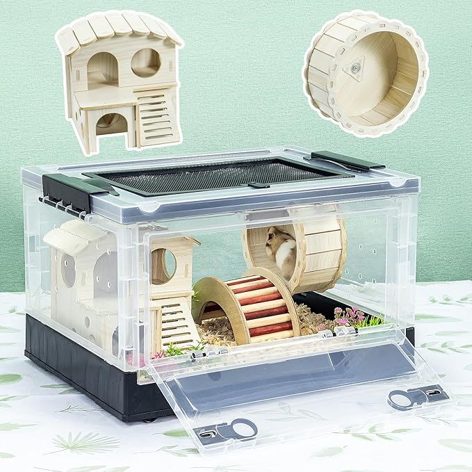 Hamsters Cage Large, Foldable Portable 360° Viewing Ventilated Cages with Villas, Exercise Wheels, for Hamsters, Rats, Dwarf Hamsters, Gerbils, Guinea Pigs Black, 16" L x 12" W x 9.5" H