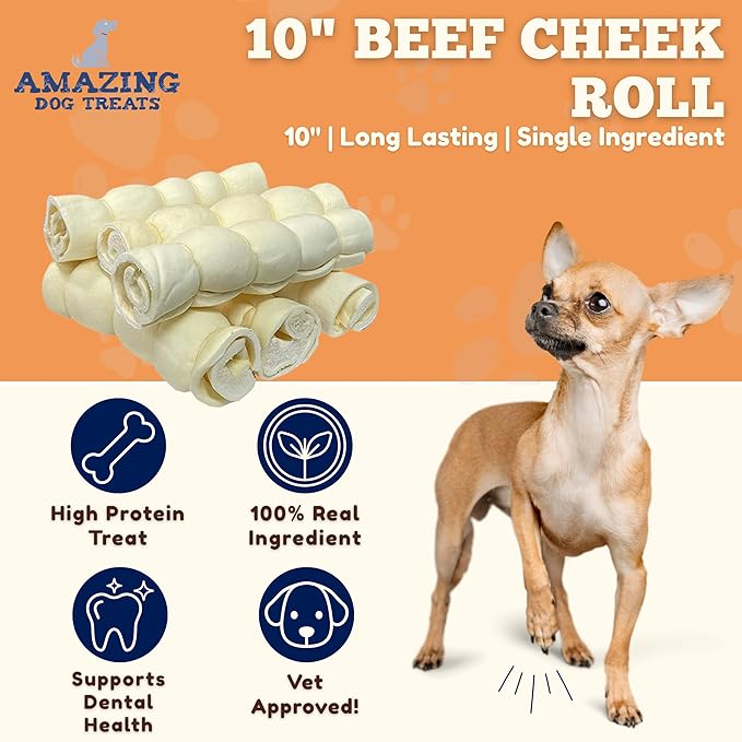 Amazing Dog Treats - Beef Cheek Rolls-(Mega Thick 10" - 6 Pcs) No Hide - Safe Rawhide Alternative Dog Chew - Great for Power Chewers - Long Lasting Dog Chew - No Splinters - Retriever Rolls for Dogs