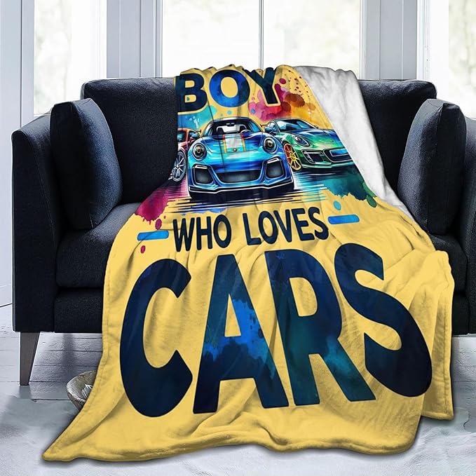 SweetFox Just A Boy Who Loves Cars Blanket, Cars Decor Throw Blanket Gifts for Girls Boys Lovers Super Warm Soft Plush Fleece Flannel Winter Bedding Blankets for Kids Adults Men Women 80"X60"
