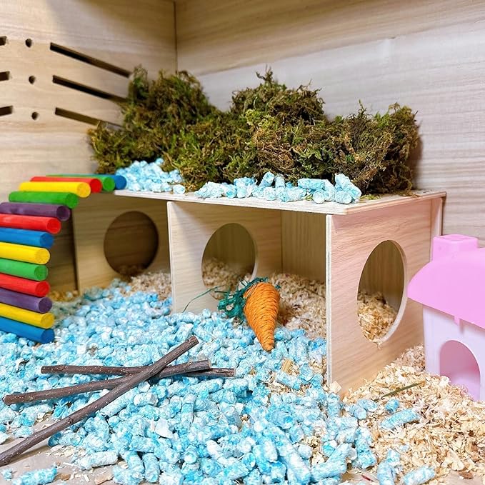 Hamiledyi Wooden Hamsters 2-Chamber Hideout-Tunnel Multi Chamber Exploring Toy Rat Exploring Tunnel Toy for Mice Guinea Pig Hedgehog Squirrel Sugar Glider