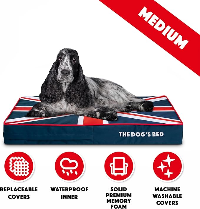 The Dog’s Bed Orthopedic Memory Foam Dog Bed for Medium Dogs, Waterproof Washable Cover, Anti-Slip Base, Calming Surface – CertiPUR-Certified Foam, Blue & Red Trim UK Center Flag, 4 Inch Thick