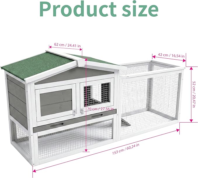Garvee Wooden Rabbit Hutch Indoor and Outdoor, Rabbit Cage with Removable Wire Netting and Leak Proof Tray, Weatherproof Bunny Cage with Anti-Chew Metal Frame Ramp for Small Animals Grey