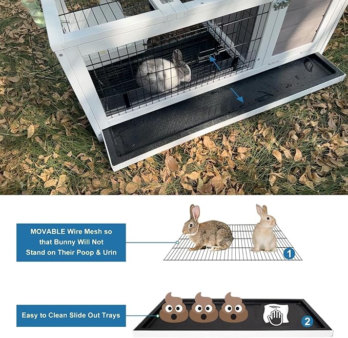 Rabbit Hutch Indoor Outdoor Weatherproof, Bunny Cage with Casters, Urine Guards, Leakproof Tray, Metal Feeder & Openable Roof, Easy Clean for Small Animals