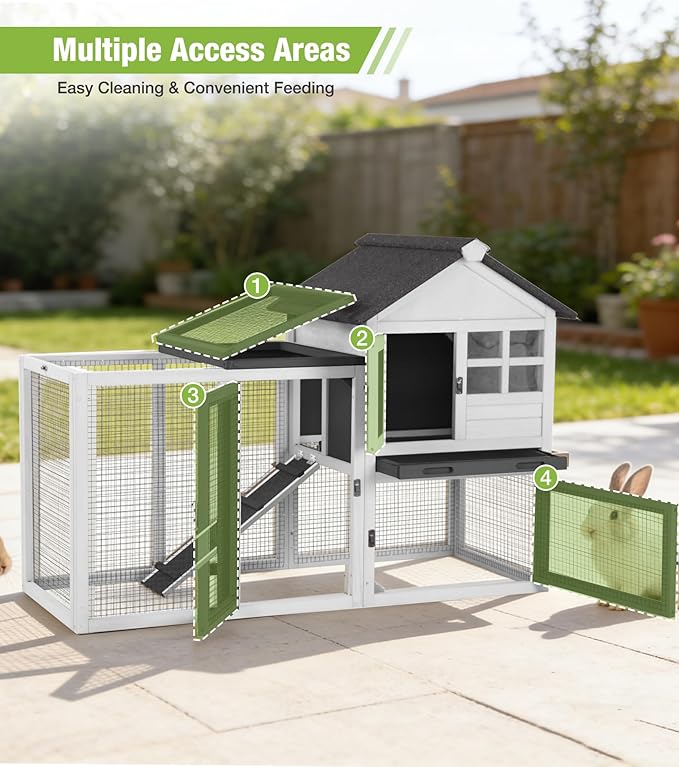 GUTINNEEN Rabbit Hutch Outdoor Rabbit Cage Indoor 51.6" L Waterproof Bunny Cage with Chew-Proof Ramp and Lockable Doors for Indoor Outdoor Use Black and White