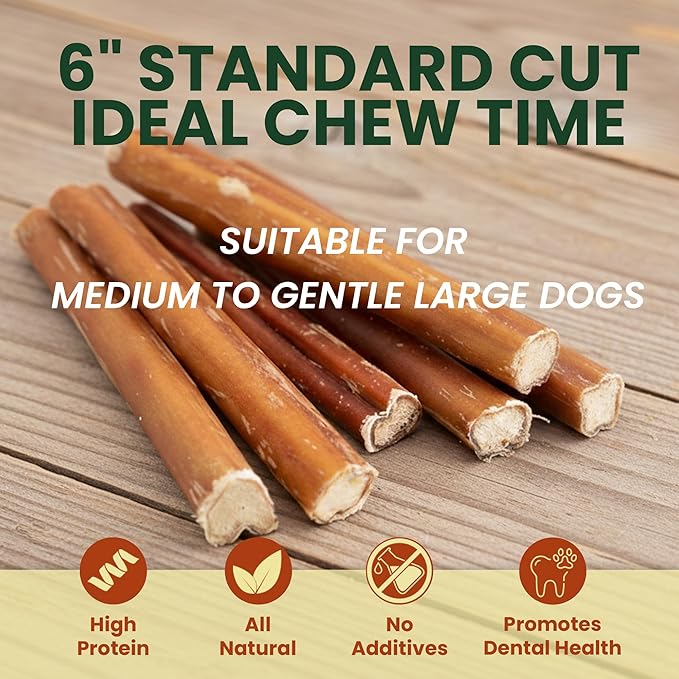 6 Pack 6 Inch Standard Bully Sticks for Dogs – 100% Beef Pizzle, Single Ingredient Rawhide-Free Dental Chews, Long Lasting Natural Dog Treats for Medium to Large Dogs