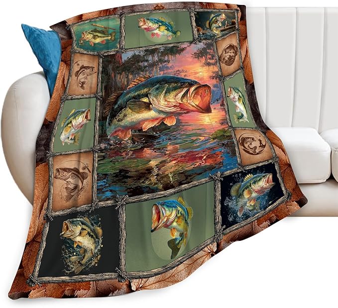 Fish Throw Blanket Fishing Stuff Gifts for Kids Girls Boys Adults Women Men Soft Cozy Warm Plush Fluffy Fuzzy Fleece Blanket Decor 60''X80''