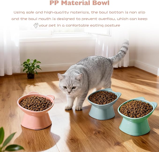KSIA Klear Elevated Cat Bowls 2 Pack, Tilted Raised Cat Bowls for Indoor Cats, for Food and Water, 4.72" Wide, Whisker Friendly Anti Vomit for Indoor Cats, Microwave and Dishwasher Safe, Pink&Blue