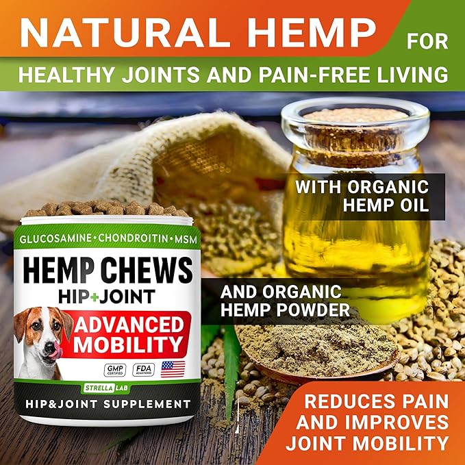 Advanced Hemp + Glucosamine Dog Joint Supplement - Hip Joint Pain Relief - Mobility Chews for Dogs - Chondroitin, MSM, Omega - Made in USA - Lamb Flavor - 120 Hemp Treats