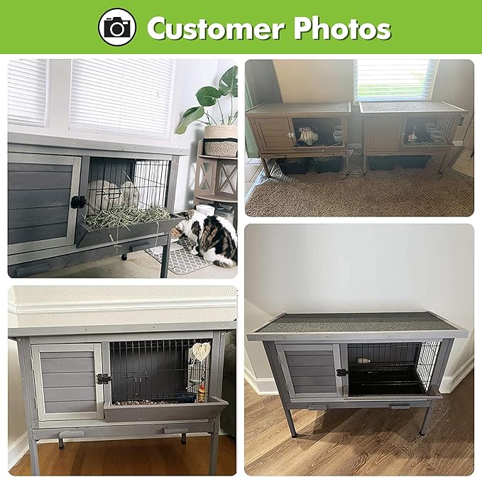 Rabbit Hutch, Wooden Bunny Cages Indoor with Deeper Leakproof Tray - Upgrade with Metal Wire Pan (Grey, Rabbit Hutch #001-B) Large