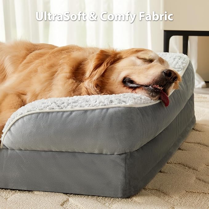LEXTRO Orthopedic Dog Beds for Large Dogs,42x30 Inch Extra Large Dog Bed, Egg Crate Foam Bed for Large Dogs, Big Pet Bed with Washable Removable Waterproof Pillow Cover and Anti-Slip Bottom, Grey
