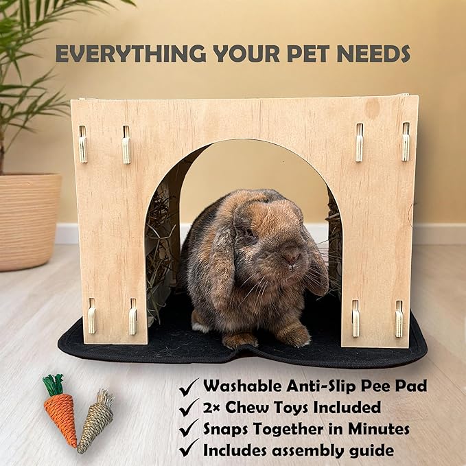 Kiwi&Mora Bunny House Hideout – Rabbit Hideout for Bunnies, Guinea Pigs & Other Pets | Large Indoor Wooden Tunnel Bed with Hay Feeder, Enrichment Toys & Accessories – Easy to Assemble & Clean