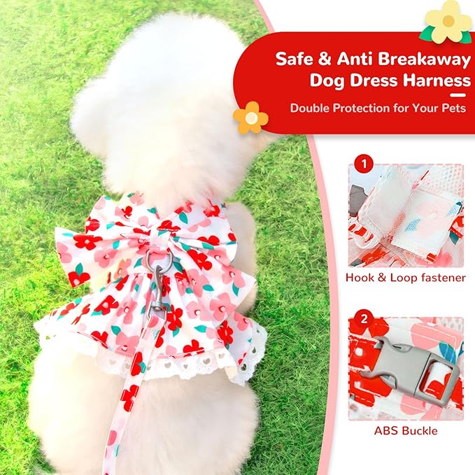 ABRRLO Dog Harness Dress Leash Set for Small Dog Summer Clothes Girl Female Puppy Cats Outfits Cute Floral Bowknot Princess Birthday Dress for Extra Small Pet Doggie Kitten Outfits Apparel(Red,L)