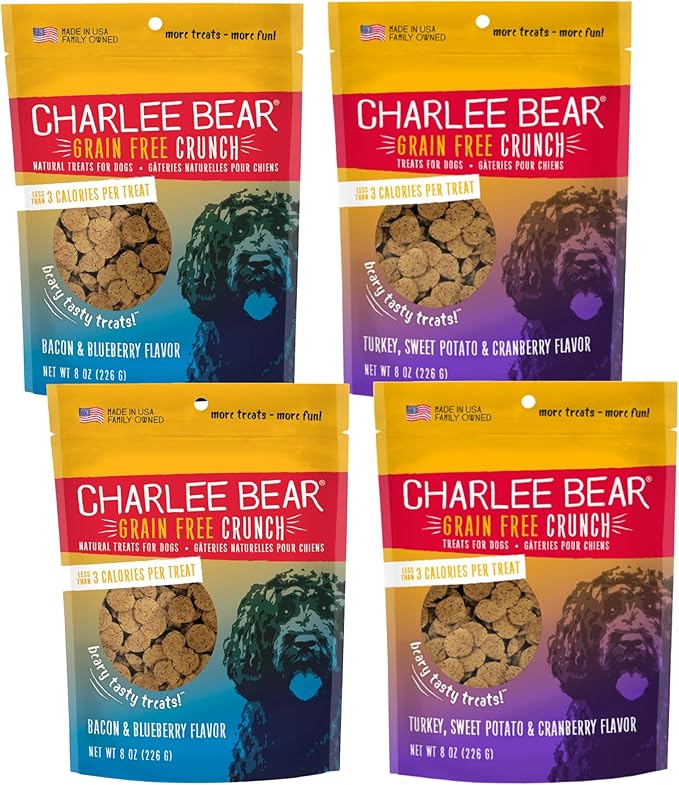 Charlee Bear Crunchy Dog Training Treats, Low Calorie (3 Kcal), Grain Free Natural Mini Dog Treats for Puppies, Small, Medium & Large Dogs, USA Made, Healthy 2 Flavor Variety Pack 8oz (4-Pack)