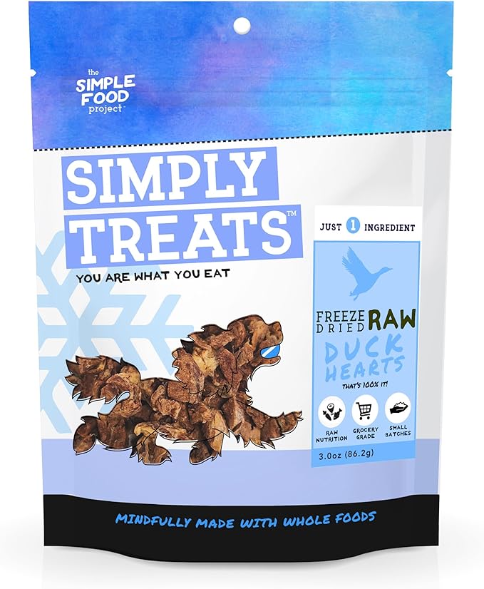 The Simple Food Project Freeze Dried Raw Dog Treats Grain Free, All Natural, with Just 1 Ingredient Duck Hearts for Dogs Use As Training Treats for Puppies, Small, Medium, Or Large Dogs