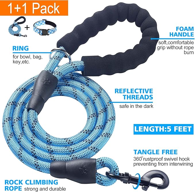 Reflective Dog Collar Padded with Soft Neoprene Breathable Adjustable Nylon Dog Collars for Small Medium Large Dogs (Large (Pack of 1), Vivid Blue Plaid Collar+Leash)