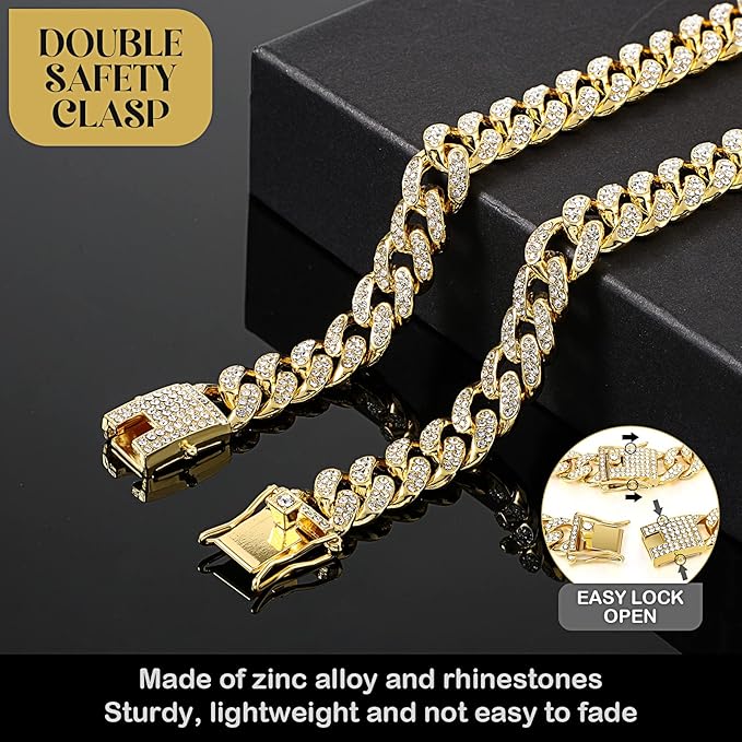 Tallew Gold Dog Chain Diamond Collar Walking Metal Chain Necklace with Secure Buckle Pet Cuban Style Collar Jewelry Accessories for Small Medium Large Dog Cats (24 inch)