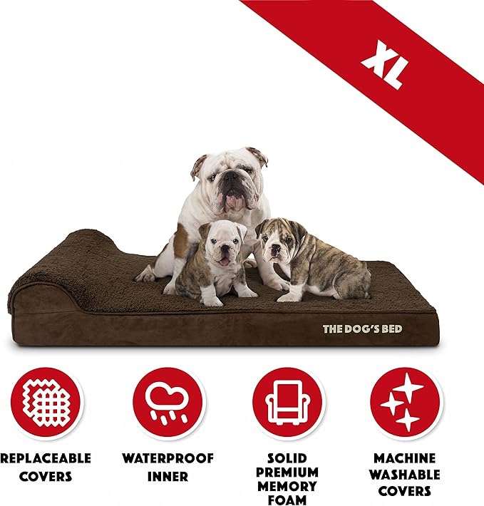 The Dog’s Bed Orthopedic Memory Foam Dog Bed with Headrest, Calming Surface – CertiPUR-Certified Foam, Plush Fabric, Brown Plush, XL, 4-Inch