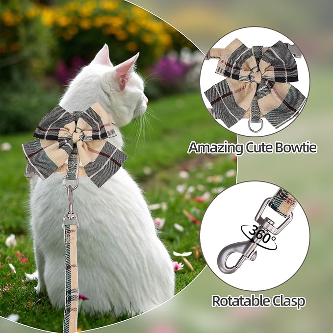 PAWCHIE Cat Harness and Leash Set Escape Proof with Bow Knot, Adjustable Kitten Vest Harness for Outdoor Indoor Use,Lightweight Soft Walking Travel Pet Harness for Medium Cats Boys Girls Puppy,Beige