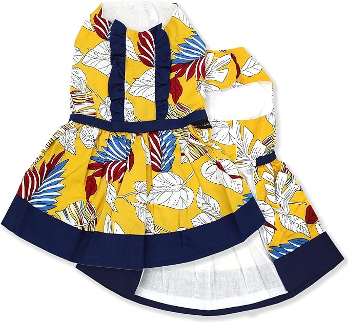Parisian Pet Summer Dog Dress - Multicolor Clothes for Small Dogs Girl - Pet Dress with Leaf Pattern - Stylish Printed Beach Dog Outfit - Lightweight Puppy Clothes - Sleeveless Dresses for Dogs