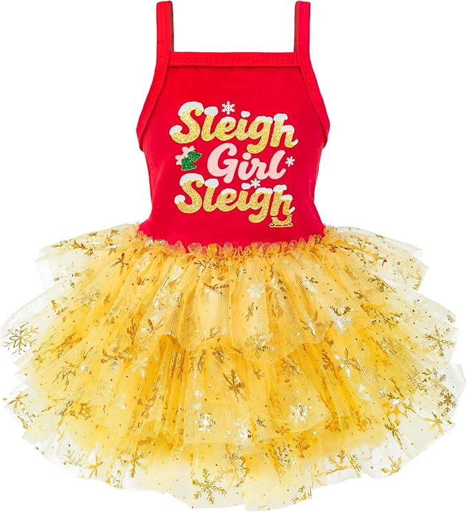 Fitwarm Sleigh Girl Sleigh Dog Tutu Dress, Fancy Christmas Clothes for Small Dogs Girl, Funny Holiday Pet Outfit, Red, Golden Yellow, XXS